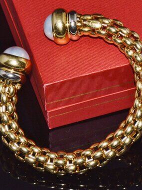 Vintage FOPE Flex’it Solid 18K Gold Pearl Open Cuff Bangle Bracelet